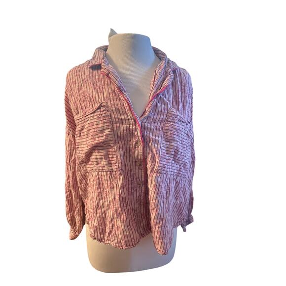 Women L Anthropologie Button Sleep Pajama Shirt Top Pink Stripec Printed Blouse - Picture 2 of 6